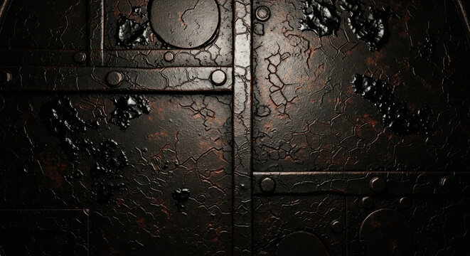 Rusty metal surface with peeling paint and bolt holes, dark brown and black texture