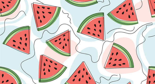 Vibrant seamless pattern of fresh watermelon slices with seeds over an abstract background of light blue and pink pastel shapes.