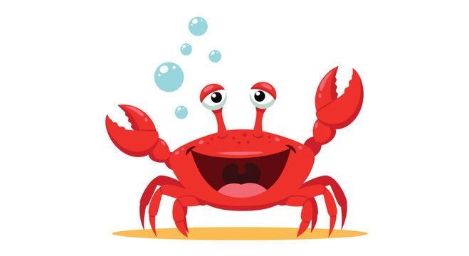 Friendly red cartoon crab with a big smile and large claws blowing bubbles while standing on a small patch of sand.