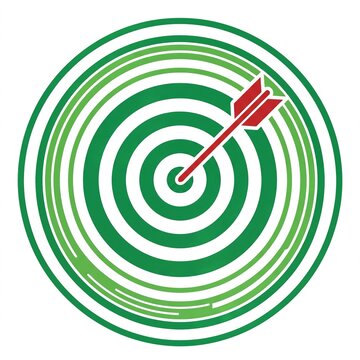 Minimalist vector graphic of a green target board with a red arrow hitting the exact center, goal achievement and business strategy concept isolated on a solid white background