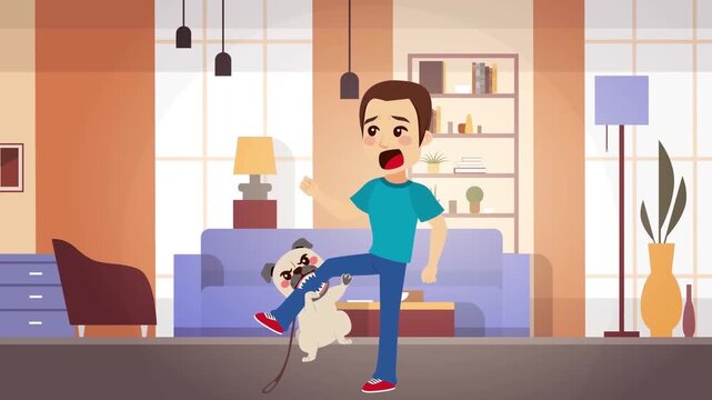 Man Getting Tripped or Scared by a Small Pet Pug Dog in Living Room Animation