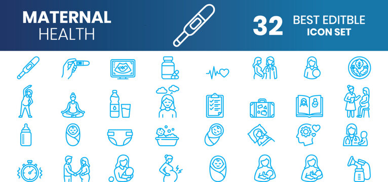 Maternal health 32 icon set.social policy icon set flat style illustration. contain rights advocacy, poverty reduction, accessibility standard, childcare subsidy, disaster relief, minimum wage, pensio