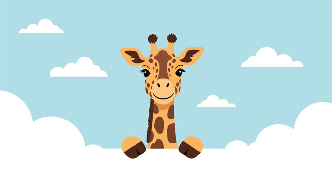 Adorable giraffe character peeking from behind fluffy white clouds against a clear blue sky in a whimsical children illustration.