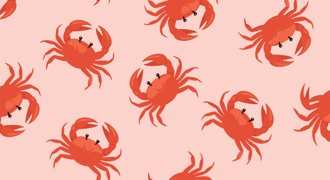 Marine seamless pattern featuring bright red crabs scattered across a soft pink background for coastal or summer themed designs.