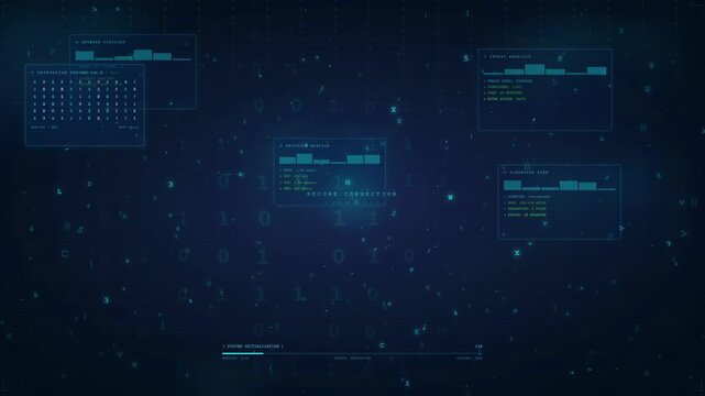 Abstract Digital Data Stream with Glowing Blue HUD Interface and Floating Binary Code Elements