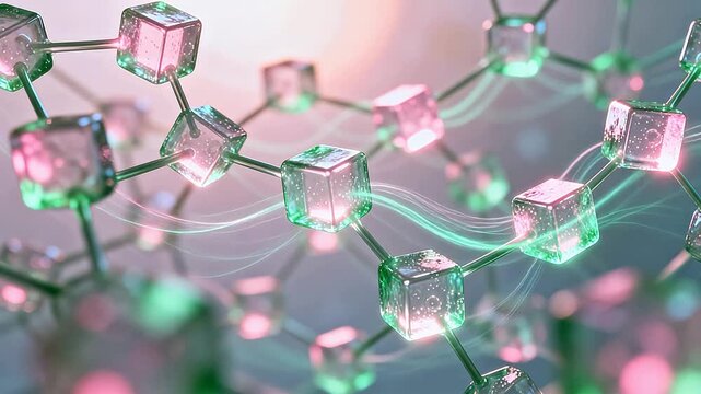 Network of transparent cubes and metal rods forming molecular structure with pink green sheen