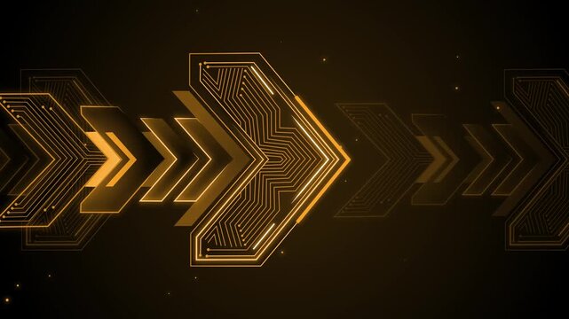 Neon futuristic arrow shapes with circuit-patterned hex arrow pointing right background animation