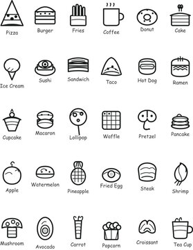 A comprehensive collection of 30 minimalist food and drink line icons. Featuring a clean, modern, and cute outline style, this set includes popular items like pizza, burger, coffee, sushi, sweets, fru