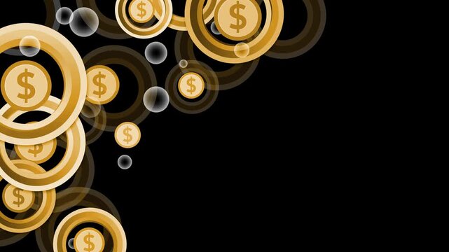 Abstract financial background with overlapping circular coins and dollar symbols animation