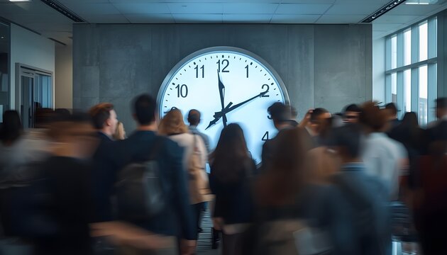 Blurry crowd of diverse people walking past a large illuminated clock in a modern office hallway during the workday