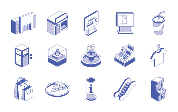 Shopping mall and retail isometric icon set
