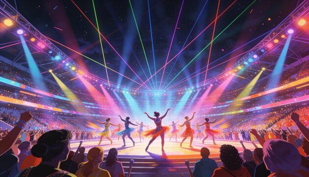 Spectacular Ballet Performance: A troupe of talented ballerinas mesmerize a packed stadium audience with their graceful movements under a dazzling array of colorful spotlights and laser beams.