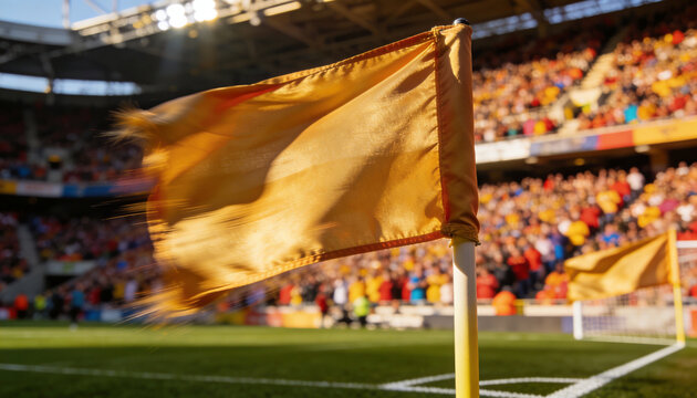 Corner Flag in Stadium: A weathered corner flag stands firm in the wind at a vibrant stadium, with a blurred crowd of spectators cheering in the background.