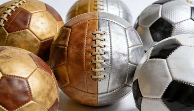 Vintage Soccer Balls Display: A collection of classic soccer balls, including traditional leather designs and a unique silver half-ball, showcased in a close-up shot.
