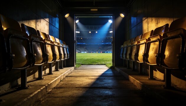 Stadium Entrance, Ready for Action: A view through a stadium's empty seats and a darkened tunnel opens onto a brightly lit football field, hinting at the anticipation of an upcoming match.