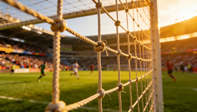 Soccer Goal Net at Sunset: A close-up of a soccer goal net reveals a blurry scene of a game in progress at sunset, with the warm sun casting a golden glow over the stadium and players.