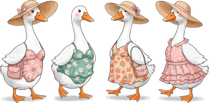 Four charming white geese wearing colorful summer dresses and straw hats illustrated in a whimsical watercolor art style