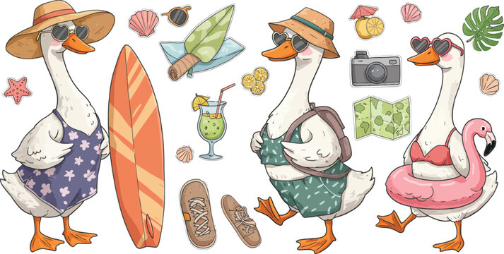 Cute watercolor geese dressed for summer vacation with surfboards tropical drinks and flamingo floaties on white background