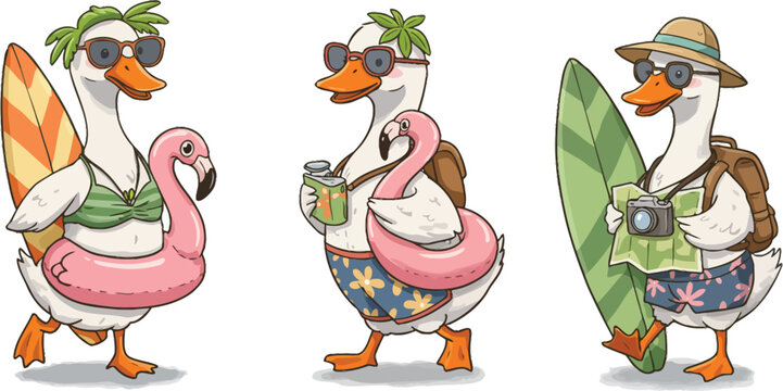 Three cute cartoon geese dressed for summer vacation with surfboards and pool floats on a white background