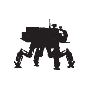 Black silhouette of a futuristic multi-legged robotic walking machine with science fiction