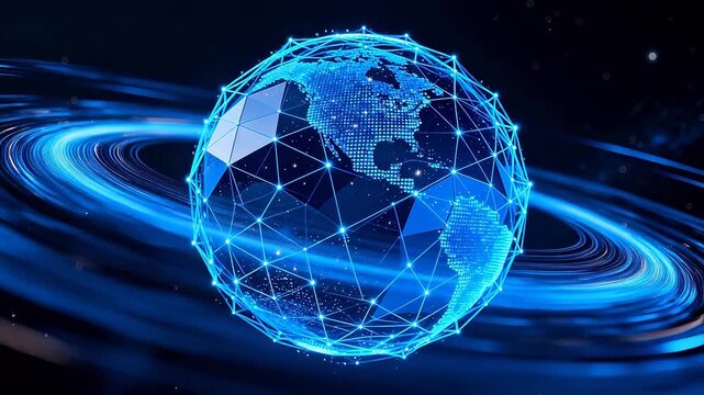 Digital earth model with blue lines nodes and pixel texture surrounded by orbiting light trails