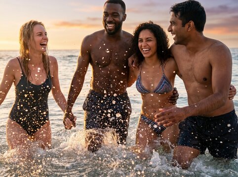 Diverse Friends Laughing and Splashing dynamically in Ocean Close-Up - Pure Summer Joy
