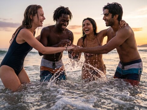 Diverse Friends Laughing and Splashing dynamically in Ocean Close-Up - Pure Summer Joy