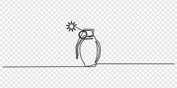 One line drawing of a classic hand grenade with a safety pin on a white background Vector, illustration, grenade drawing by one continuous line vector, Continuous one line drawing of hand grenade.