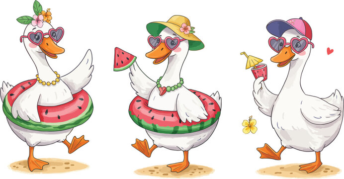 Three cute cartoon ducks wearing sunglasses and hats enjoying summer vacation with watermelon floats on a white background