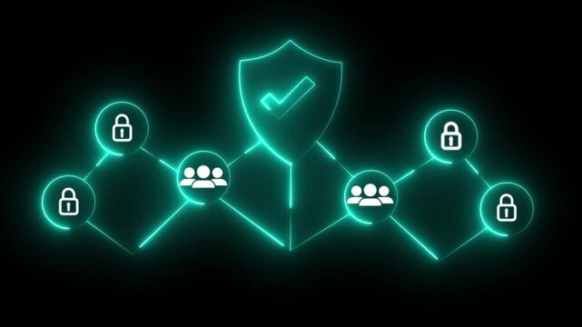 Glowing neon Conceptual of tick mark security with interconnected users and digital locks, emphasizing cybersecurity measures.Glowing zero trust concept and 4k motion graphics video ..