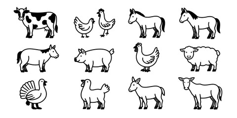 Obraz premium Animals Farm Set with Black and White Line Drawings of Cows, Chickens, Horses, Pigs, and Sheep Featuring Livestock, Vector, Icons with Agricultural