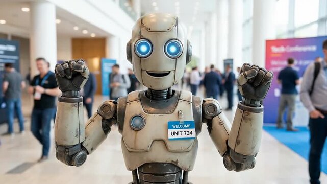 The friendly robot stands with raised arms concept. Friendly humanoid robot with glowing blue eyes at technology conference welcoming attendees
