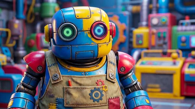 The friendly robot stands with raised arms concept. Colorful friendly robot with gears and tools in a vibrant workshop setting for futuristic technology and innovation
