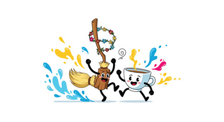 Fototapeta premium Playful cartoon broom and coffee cup characters dancing together surrounded by colorful splashes of water or paint.