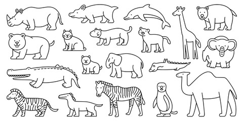 Fototapeta premium Animals Hand-Drawn Set with Simple Line Art and Various Species Featuring Wildlife, Nature, Illustration with Vector and Black and White Elements For