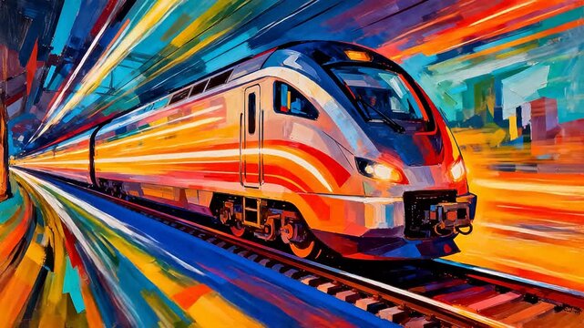 Colorful high speed train rushing on tracks with dynamic painted city background