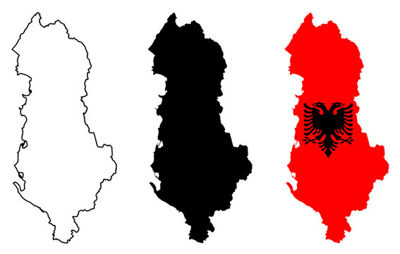 Albania Map Silhouettes with National Flag and Country Outline, Geographic Territorial borders