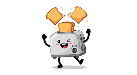 Obraz premium Happy cartoon toaster character with arms and legs winking and jumping as two slices of toast pop out.