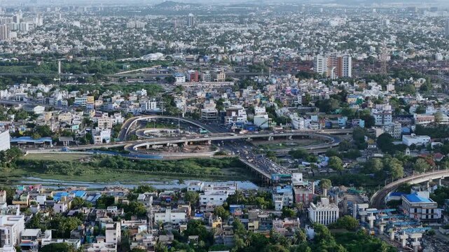 Aerial Shot of Anna Nagar Flyover and Urban Traffic in Chennai Tamil Nadu India