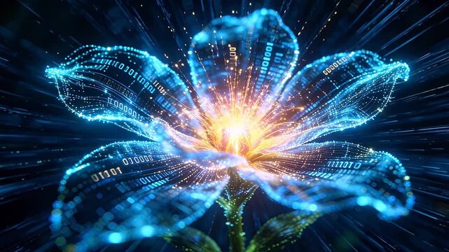 Digital flower constructed from glowing lines and binary code with bright center