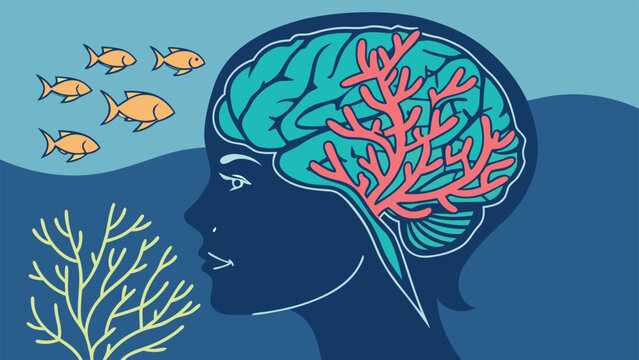 Conceptual human brain illustration with coral reef, underwater mental health metaphor, silhouette of a head with sea life and fish