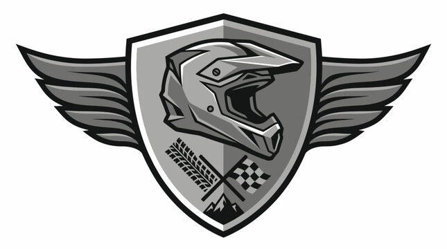 Motocross helmet badge with winged shield and mountain peaks.