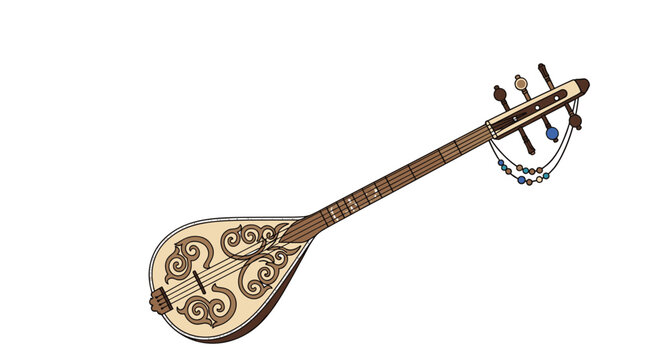Traditional stringed musical instrument with intricate hand carved patterns on the body and decorative beads hanging from the neck.