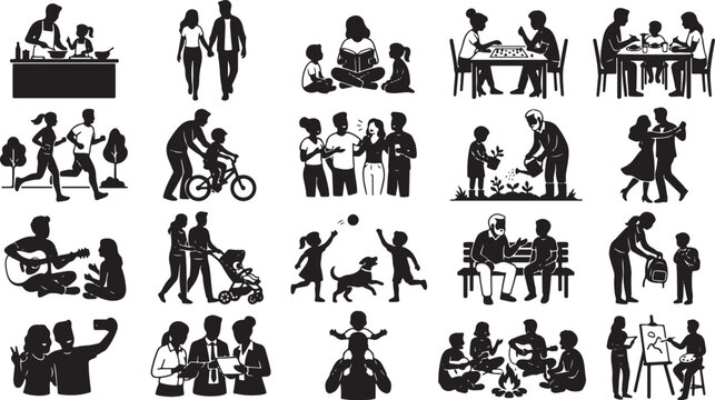 Black silhouette illustrations of family and social interactions
