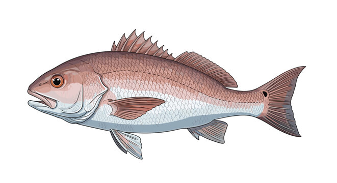 Realistic illustration of a red snapper fish showing detailed scales fins and large eye in a side profile view on white background.