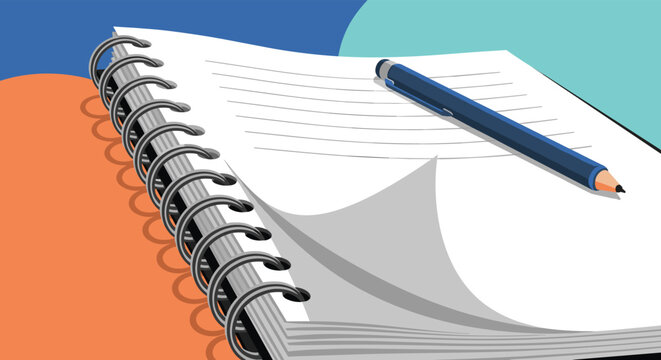 Close up of an open spiral bound notebook with white lined pages and a blue pen resting on top of a colorful background.