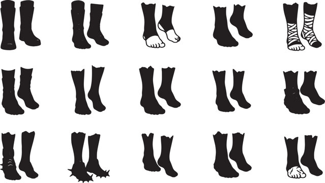 Large collection of black footwear silhouettes featuring various styles of boots, athletic socks, protective ankle wraps, spiked adventure gear, and traditional bandaged foot wraps.