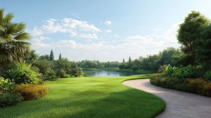 Fototapeta premium Serene Landscape Featuring Expansive Green Grass, Calm Water, Lush Trees, and Clear Blue Sky in a Peaceful Natural Environment