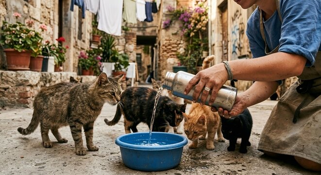 Woman pouring fresh water for stray cats on a city street