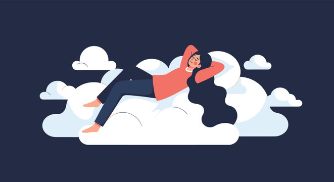 Relaxing illustration of a woman with long hair sleeping peacefully on fluffy white clouds in a dark night sky.